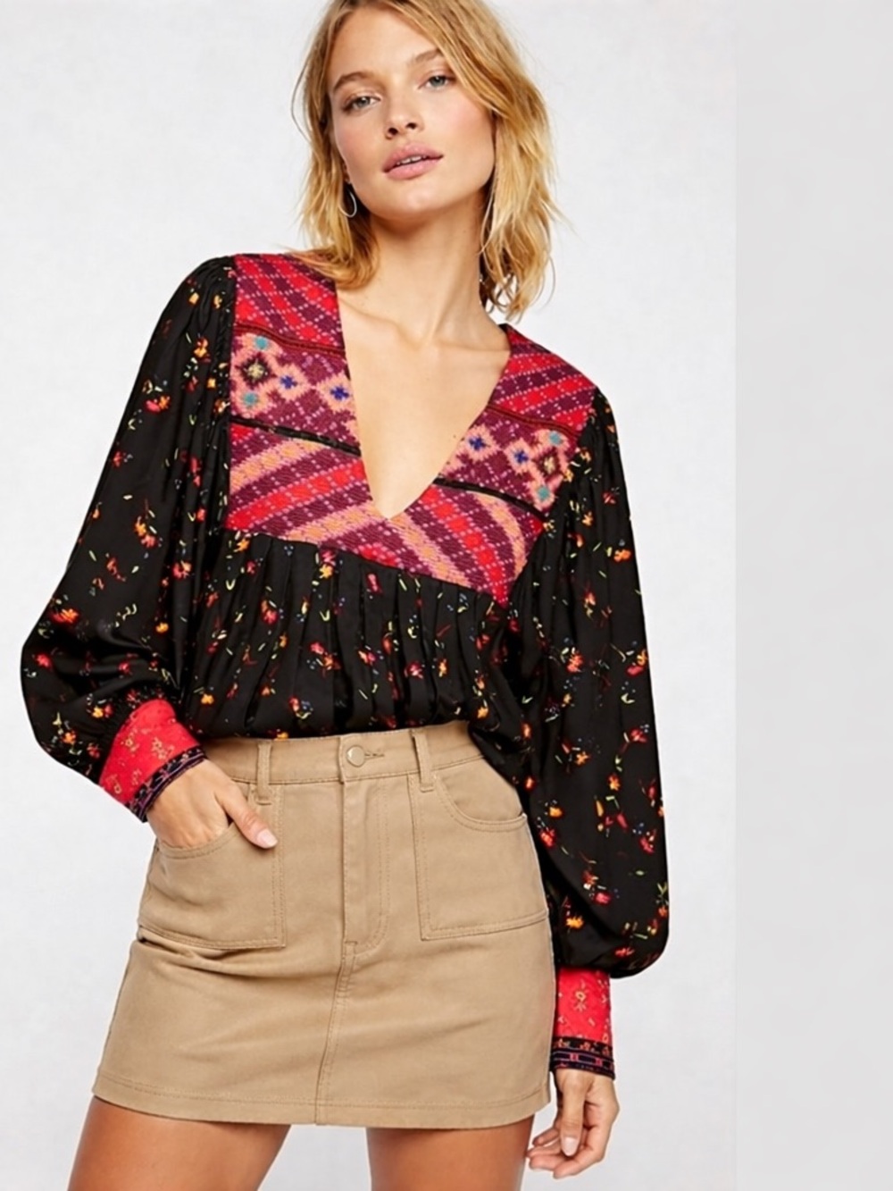 Free People Lady Lou Embroidered Peasant Blouse in Black
